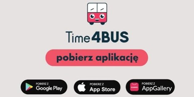 Infografika aplikacji Time4Bus z ikonkami wskazującymi na możliwość pobrania na najbardziej znane systemy na urządzenia mobilne.