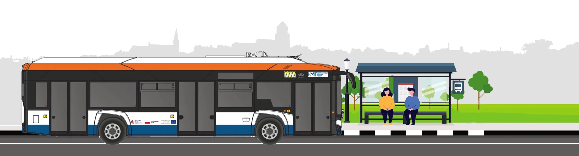 Ilustracja przedstawia nowoczesny autobus miejski stojący na przystanku. Na ławce w zadaszonej wiacie siedzą dwie osoby, a w tle widoczna jest zieleń i zarys miasta.
